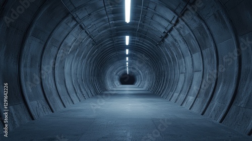 A dimly lit concrete tunnel with smooth walls, featuring linear lighting that creates a mysterious and eerie atmosphere.