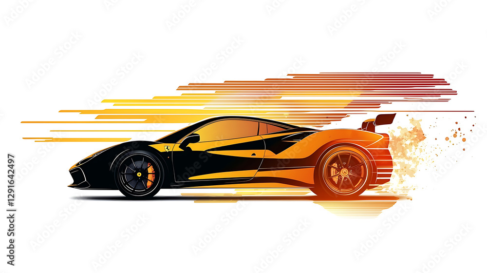 Fototapeta premium A black and orange sports car is speeding down a road. generated using AI