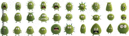 A vector set of dynamic 3D-rendered cartoon viruses, all green and comical with a variety of facial expressions