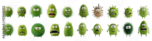 A professionally designed set of 3D cartoon virus illustrations, each in a cute yet angry style, featuring green spiky bodies with exaggerated facial expressions