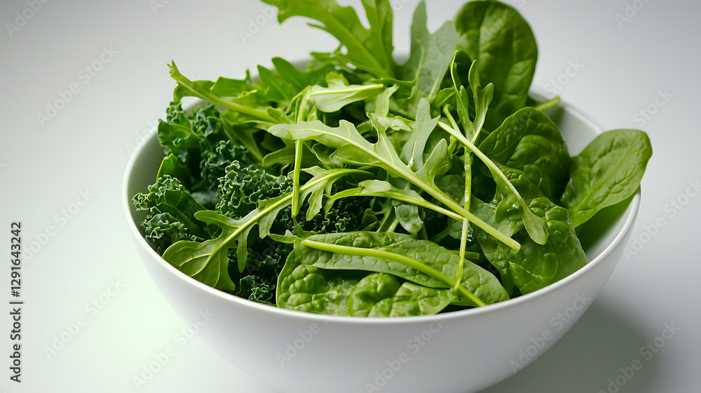 A white bowl filled with green vegetables including spinach and kale. generated using AI A white bowl filled with green vegetables including spinach and kale. generated using AI