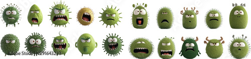 A professionally designed set of 3D cartoon virus illustrations, each in a cute and funny style, featuring green spiky bodies with exaggerated facial expressions