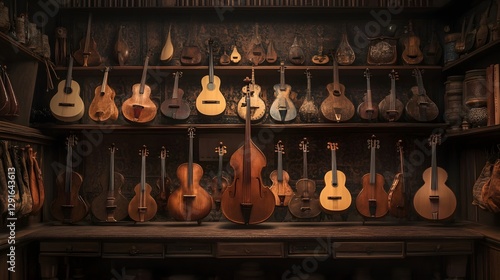Harmonious Collection: A rich collection of various stringed instruments, each a testament to craftsmanship, arranged in a warmly lit, antique shop, evoking melodies of a forgotten era.