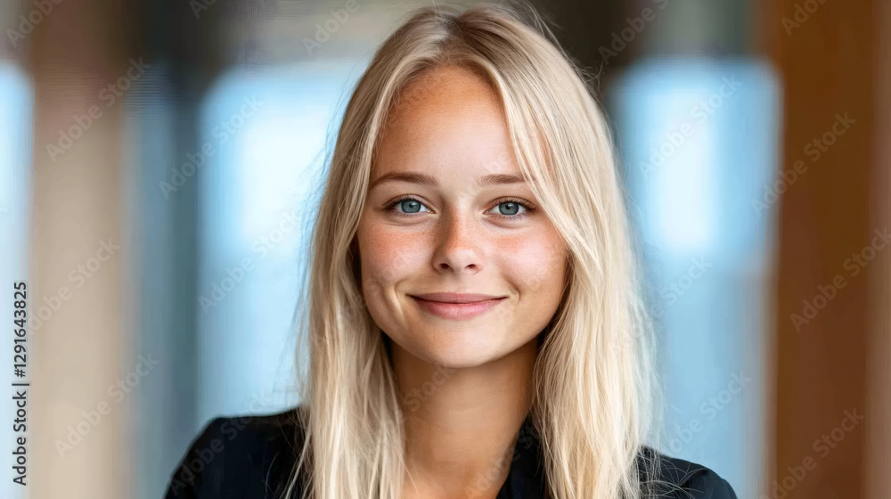 Portrait featuring a young blonde businesswoman smiling confidently in a modern office environment, radiating professionalism and success Portrait featuring a young blonde businesswoman smiling confidently in a modern office environment, radiating professionalism and success