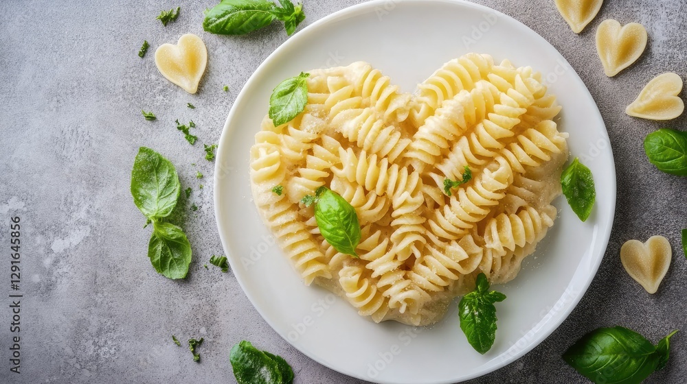 Heart-shaped pasta served with a creamy sauce on a white plate Heart-shaped pasta served with a creamy sauce on a white plate
