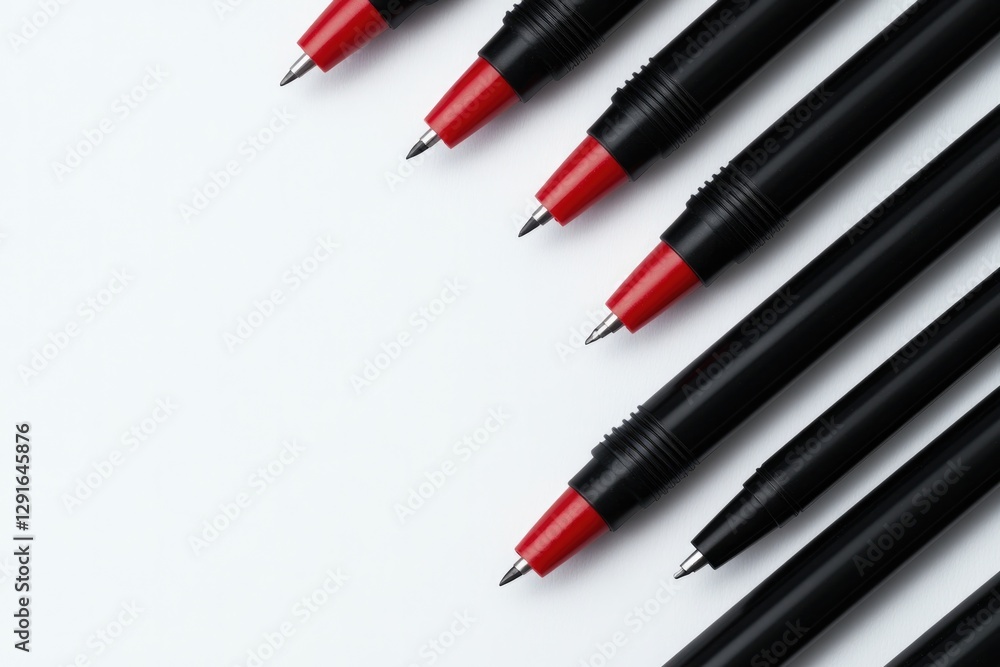 Black and red pens arranged in neat row, highlighting their slee Black and red pens arranged in neat row, highlighting their slee