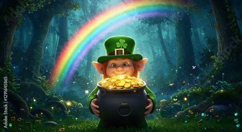 A leprechaun holding a pot of gold at the end of a rainbow in a magical forest, St. Patrick's Day