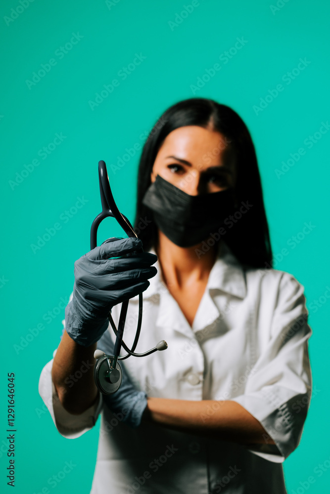 Healthcare professional wearing gloves and mask holding stethoscope in a studio setting with a green background Healthcare professional wearing gloves and mask holding stethoscope in a studio setting with a green background