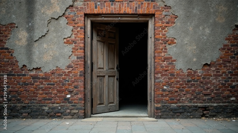 A weathered brick wall with an aged wooden door ajar, revealing a dark and mysterious interior, hinting at untold stories and forgotten secrets within A weathered brick wall with an aged wooden door ajar, revealing a dark and mysterious interior, hinting at untold stories and forgotten secrets within