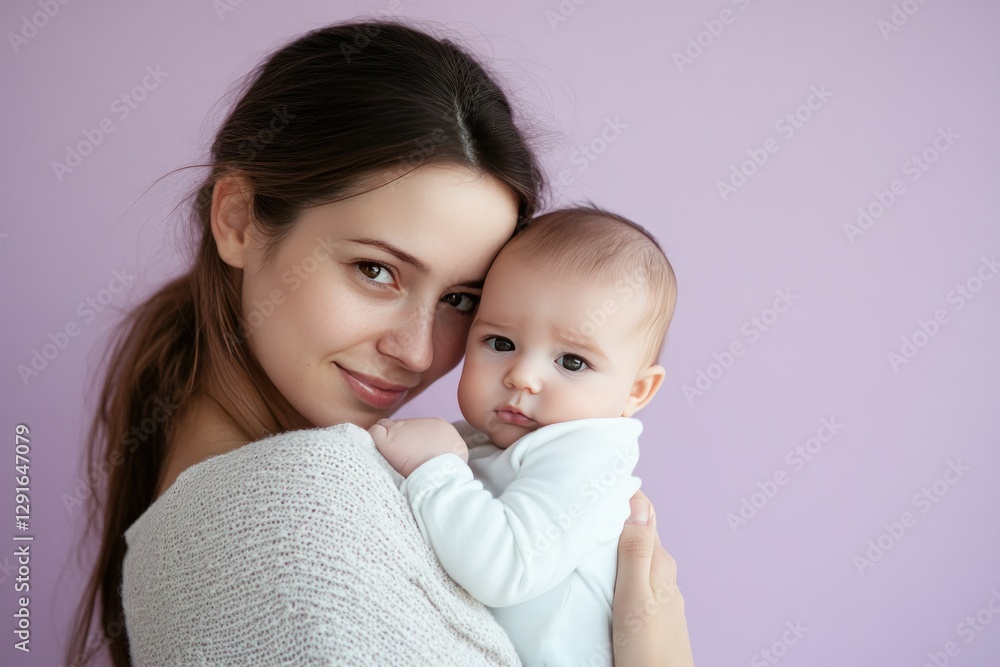 Tender embrace between mother and baby with soft purple background showcasing love and care Tender embrace between mother and baby with soft purple background showcasing love and care