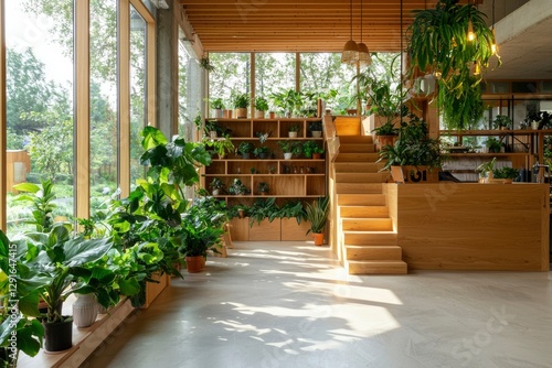 Sunlit plant shop interior with wooden stairs