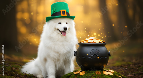 A dog wearing a green leprechaun hat, sitting next to a pot of gold, St. Patrick's Day