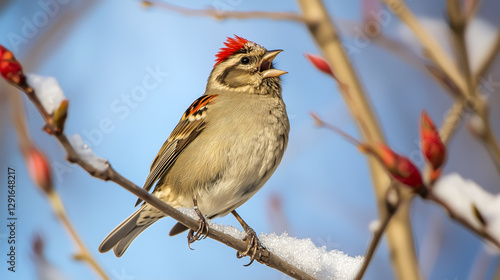 Red-crested songbird perched on a snow-dusted branch, singing against a bright blue sky, in the winter with new red flower blooms. photo