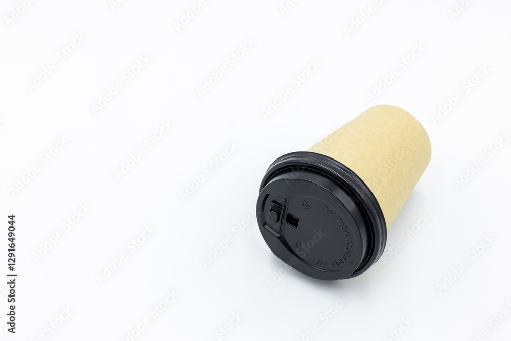 Brown paper coffee cup with black lid on white background, Brown paper cup blank coffee cup for takeaway on white background, Brown empty paper cup for coffee eco coffee cafe.