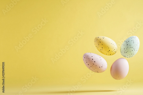 Delicate pastel-colored eggs, speckled with small dots, appear to float against a bright yellow background. This playful composition evokes a cheerful, festive atmosphere.