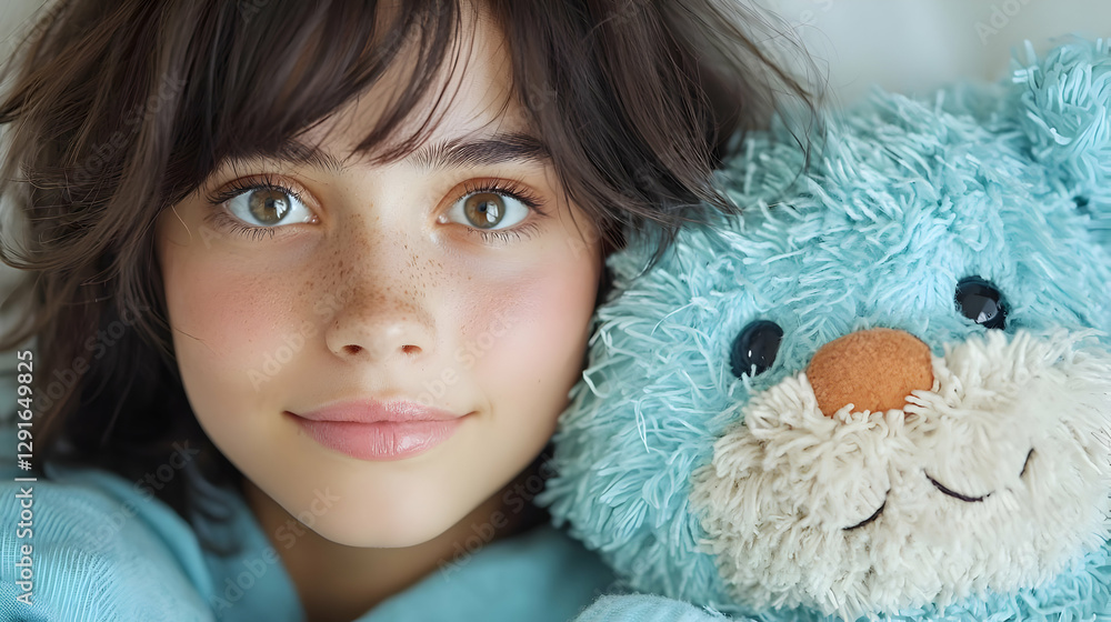 Girl cuddling teddy, bedroom, happy, morning Girl cuddling teddy, bedroom, happy, morning
