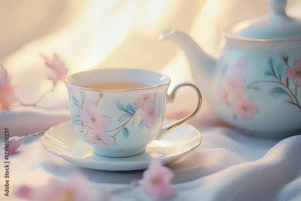 Fototapeta premium A delicate floral teacup and teapot sit gracefully on a soft background, exuding a warm, inviting ambiance perfect for tea time.
