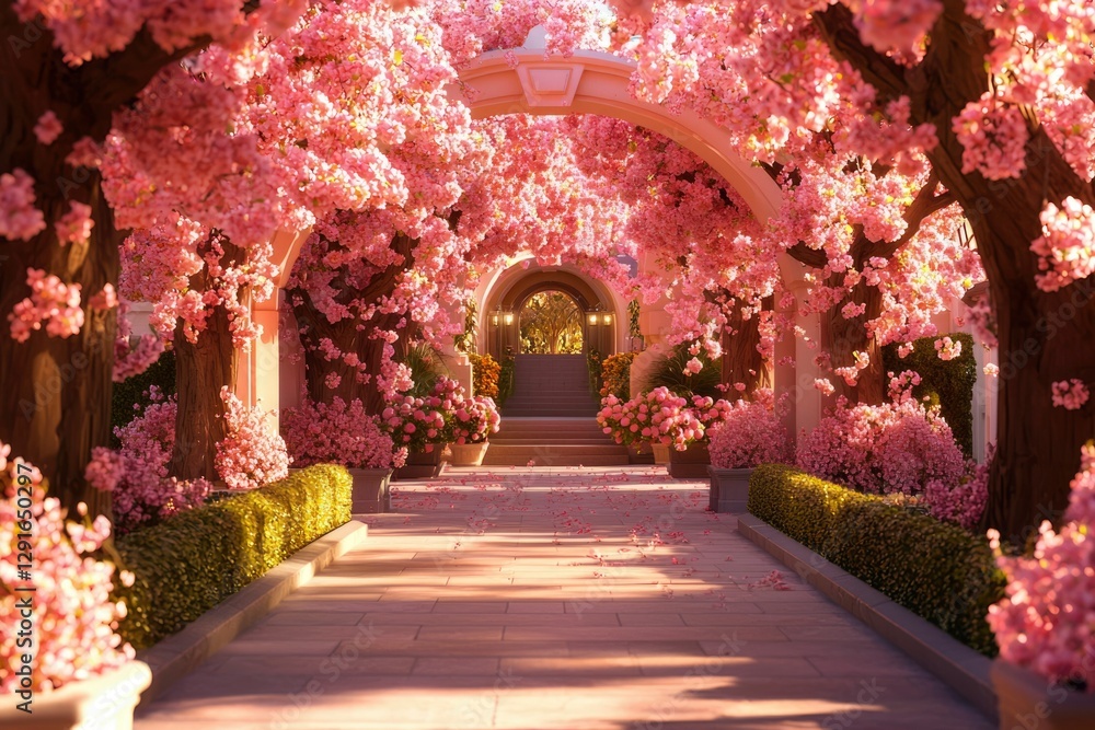Fototapeta premium Pink blossoms archway garden path, spring scene