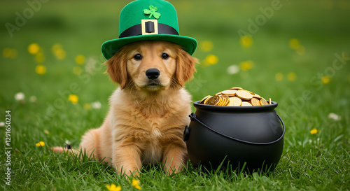 A golden retriever puppy wearing a green leprechaun hat, sitting next to a pot of gold, St. Patrick's Day