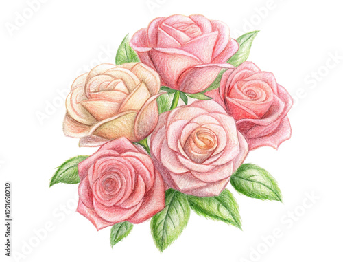 Roses in various shades of peach, rendered in colored pencil, PNG transparent