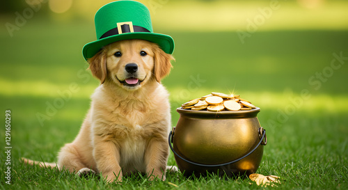 A golden retriever puppy wearing a green leprechaun hat, sitting next to a pot of gold, St. Patrick’s Day