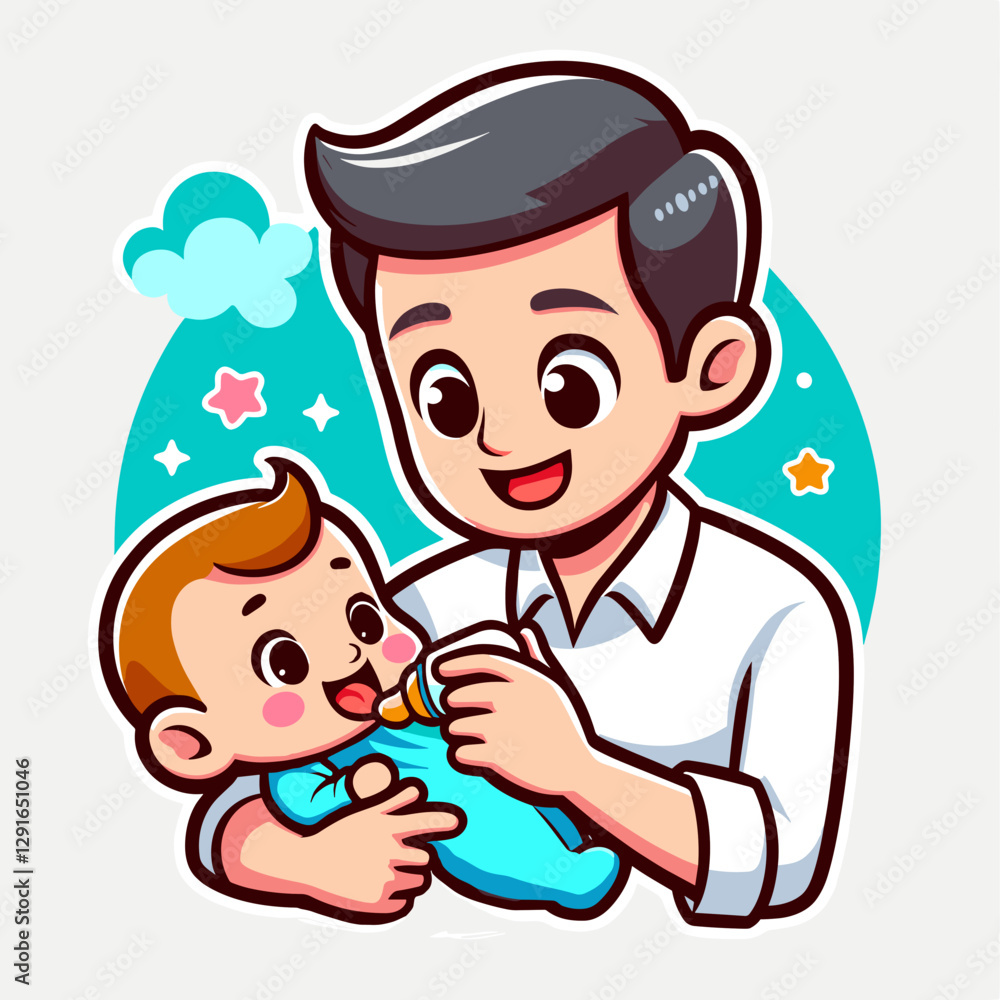 Father feeding baby cheerfully in a cute colorful vector illustration for parenting care concept Father feeding baby cheerfully in a cute colorful vector illustration for parenting care concept