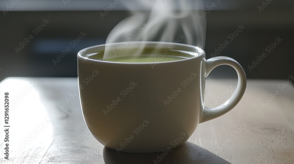 Fototapeta premium A steaming white cup of tea or coffee sits on a wooden table, capturing a cozy and inviting atmosphere.