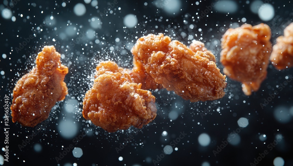 Crispy Fried Chicken Pieces Falling Through Air with Sprinkles of Seasoning on Black Background Crispy Fried Chicken Pieces Falling Through Air with Sprinkles of Seasoning on Black Background