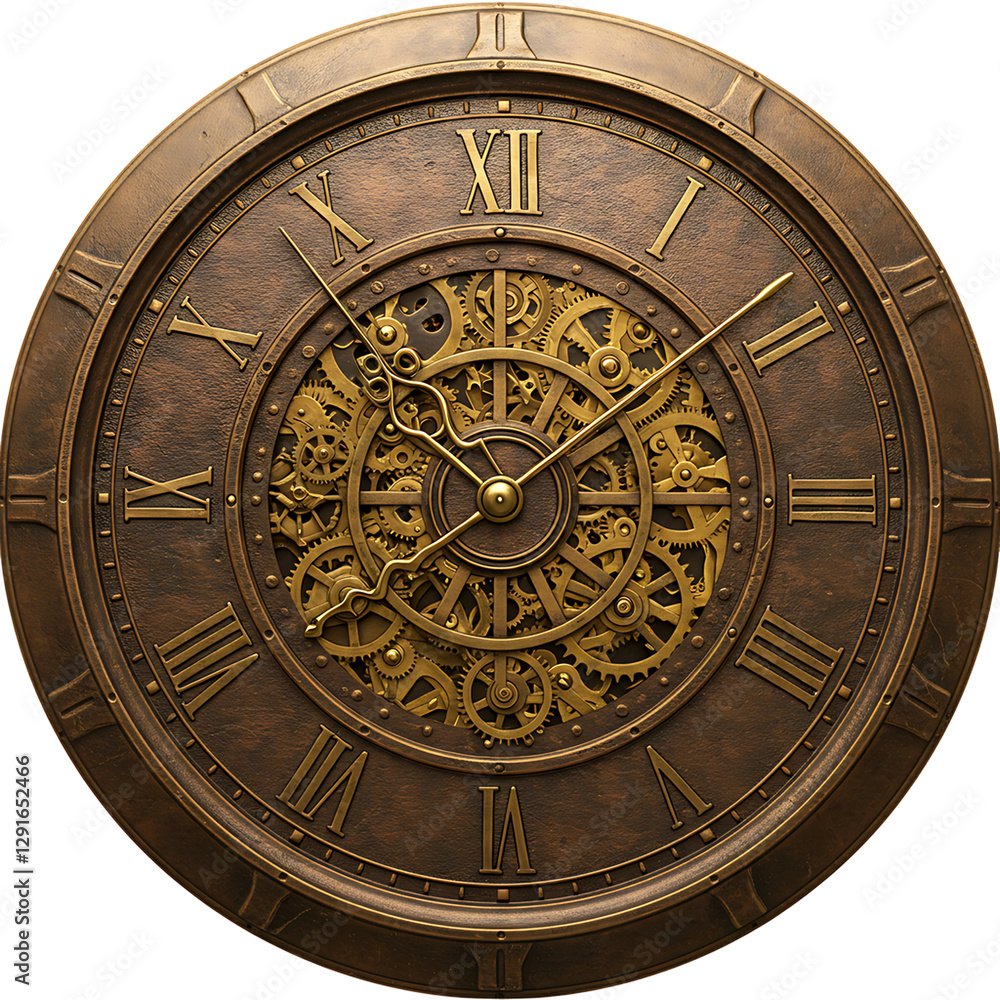 Obraz premium Antique Steampunk Wall Clock with Exposed Gears On Transparent Background 