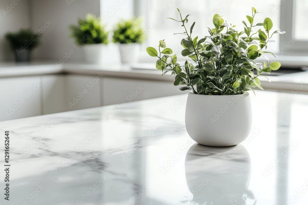 Close up of white marble table in modern kitchen interior with daylight from window background. High quality photo Close up of white marble table in modern kitchen interior with daylight from window background. High quality photo