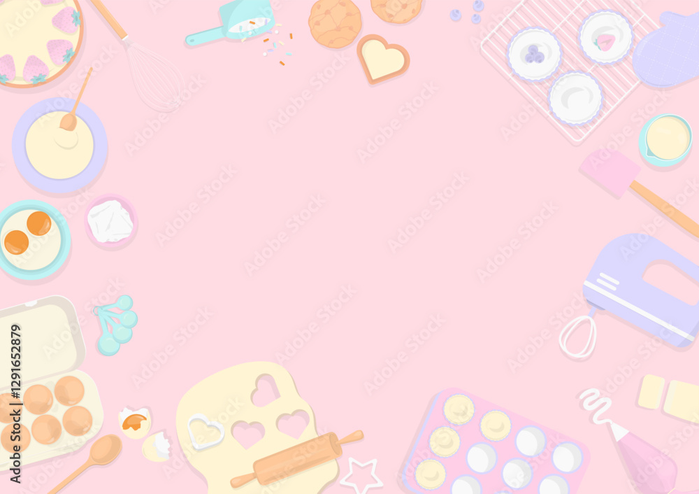 Pastel baking utensils and bakery on pink background Pastel baking utensils and bakery on pink background
