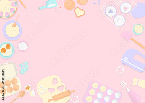 Pastel baking utensils and bakery on pink background