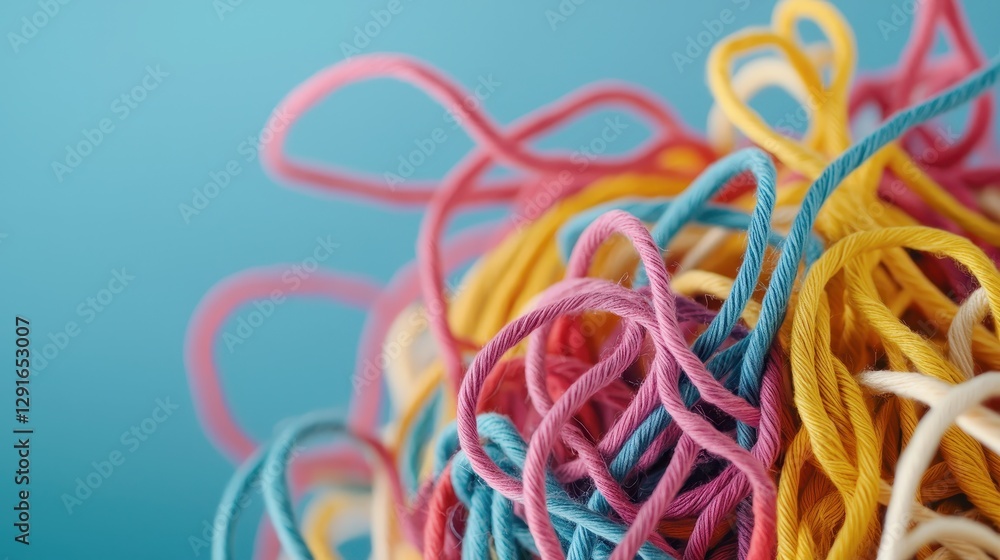 Colorful and Tangled Yarn in a Chaotic Mix Against a Bright Blue Background Colorful and Tangled Yarn in a Chaotic Mix Against a Bright Blue Background