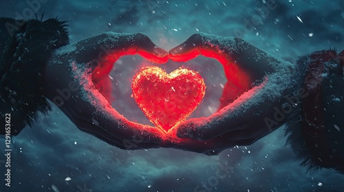 Two hands holding a glowing red heart together in the snow