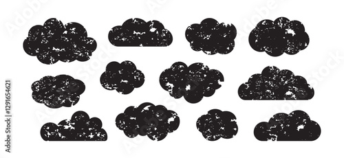 Cloud sky charcoal icon, black coal shape. Grunge children crayon icon. Cute scribble bubble set chalk design isolated on white background. Paint brush childish vector illustration