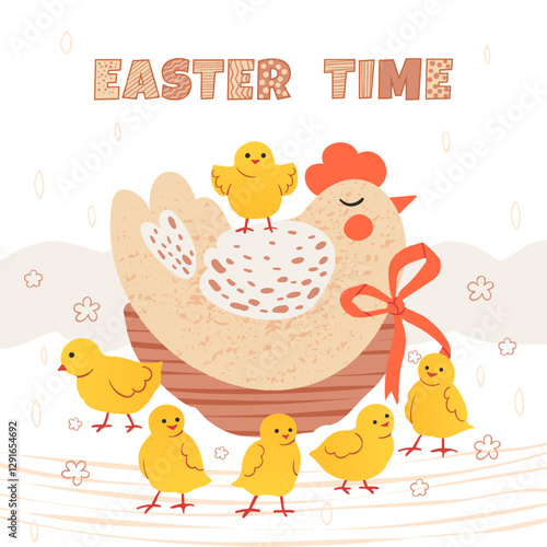 Happy Easter! Greeting card Hen with chicks. Cute children's vector illustration. Poultry, cartoon characters in the poultry yard
