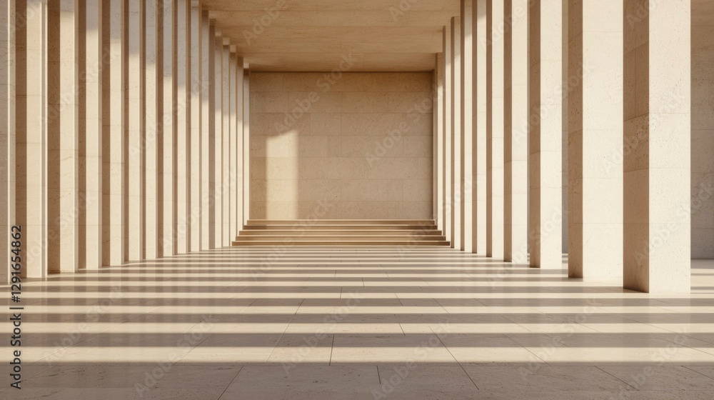 Minimalist hall with columns, steps, and sunlight. Ideal for architecture visuals Minimalist hall with columns, steps, and sunlight. Ideal for architecture visuals