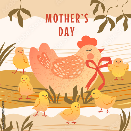 Mother's Day! Greeting card Hen with chicks. Cute children's vector illustration. Poultry, cartoon characters in the poultry yard