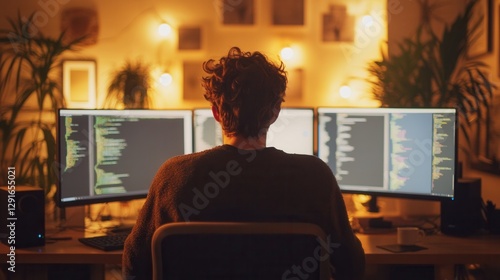 Wallpaper Mural Person Coding Late Night At Home Office Setup With Multiple Monitors.Software Developer.Evening Torontodigital.ca