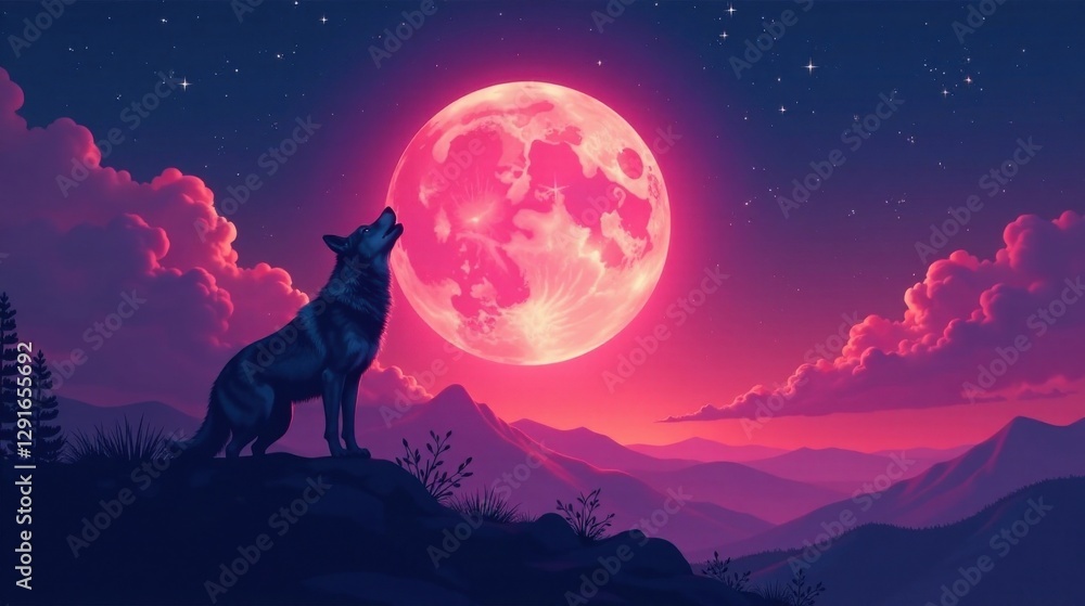Obraz premium Lone Wolf Howling at a Vibrant Pink Moonlit Night Sky over Silhouetted Mountains