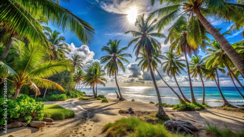 Serene Tropical Beach Paradise Sunlit Palms Arching Over Pristine Sand and Azure Waters Serene Tropical Beach Paradise Sunlit Palms Arching Over Pristine Sand and Azure Waters