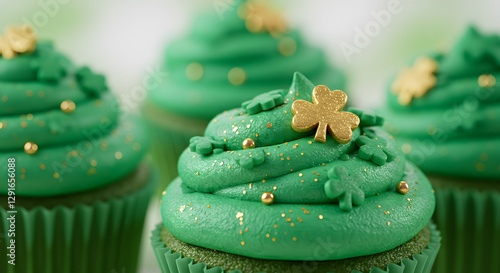 A close-up of green cupcakes with shamrock sprinkles and gold edible glitter, St. Patrick's Day