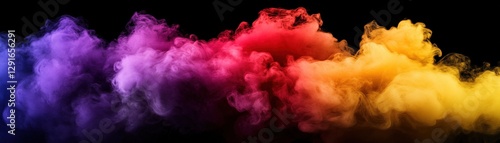 Rainbow colored smoke cloud billowing against a black background creating vibrant visual effects