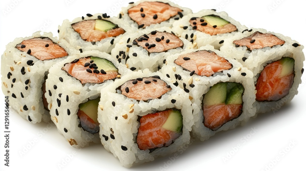 Salmon and avocado sushi rolls, restaurant, food, closeup Salmon and avocado sushi rolls, restaurant, food, closeup