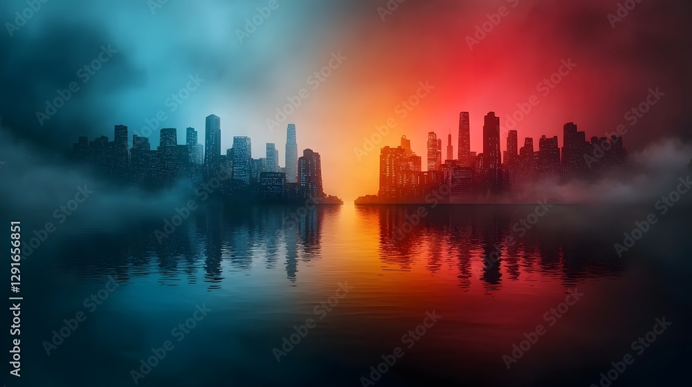 Fototapeta premium Mesmerizing minimalist dark futuristic cityscape with glowing neon skyscrapers and towers reflected in the tranquil waters creating a captivating and enigmatic atmosphere
