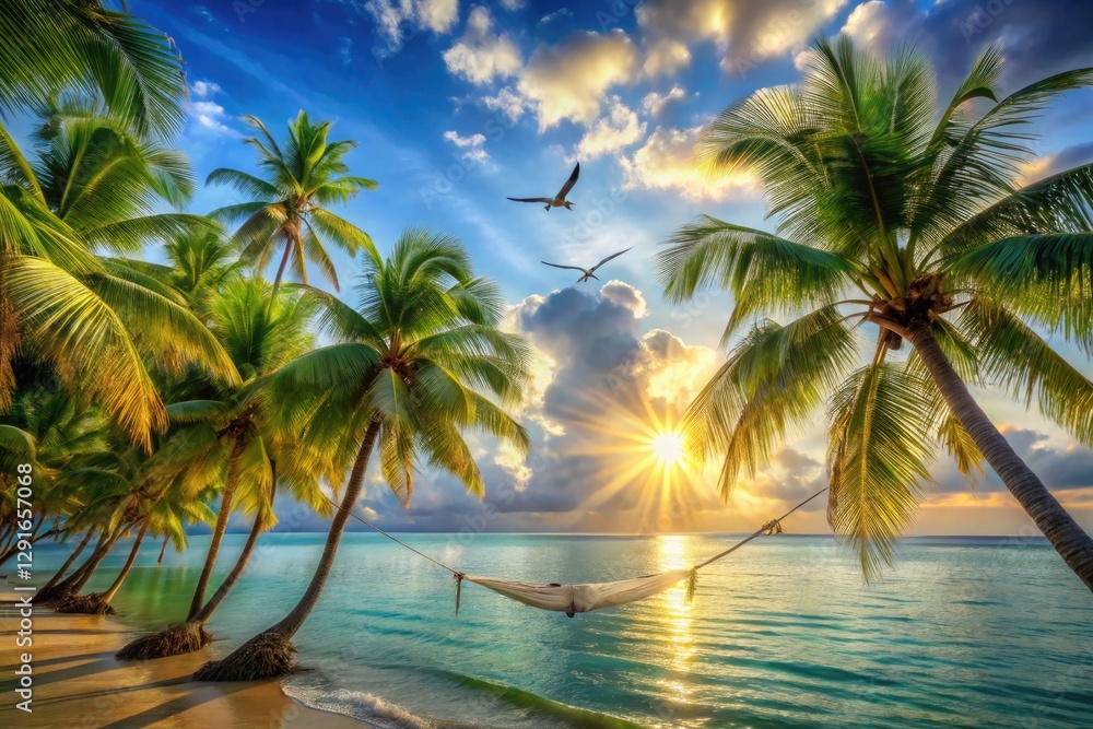Tropical sky and sea background with blue sea and sky, yellow sun, and green trees. Features swaying coconut trees, a hammock, seagulls, and shimmering sunlight on the water—perfect for a beach vibe. Tropical sky and sea background with blue sea and sky, yellow sun, and green trees. Features swaying coconut trees, a hammock, seagulls, and shimmering sunlight on the water—perfect for a beach vibe.