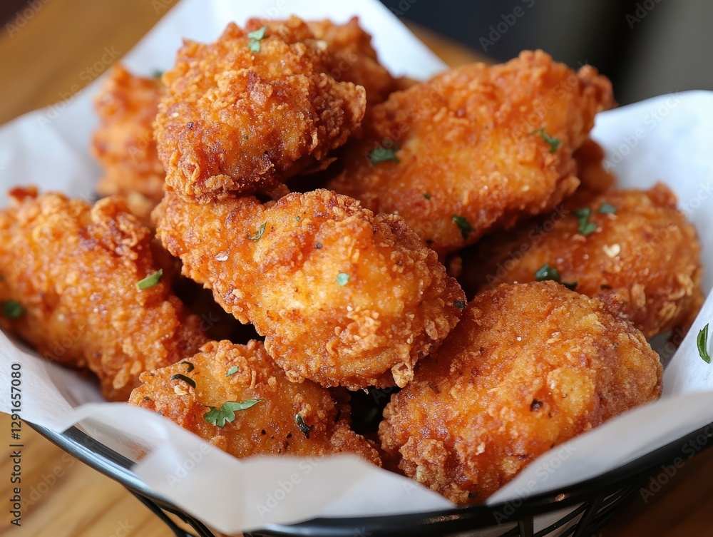 Crispy Golden Fried Chicken Wings Piled High in a Basket Garnished with Fresh Green Herbs for a Delicious Appetizing Snack Crispy Golden Fried Chicken Wings Piled High in a Basket Garnished with Fresh Green Herbs for a Delicious Appetizing Snack