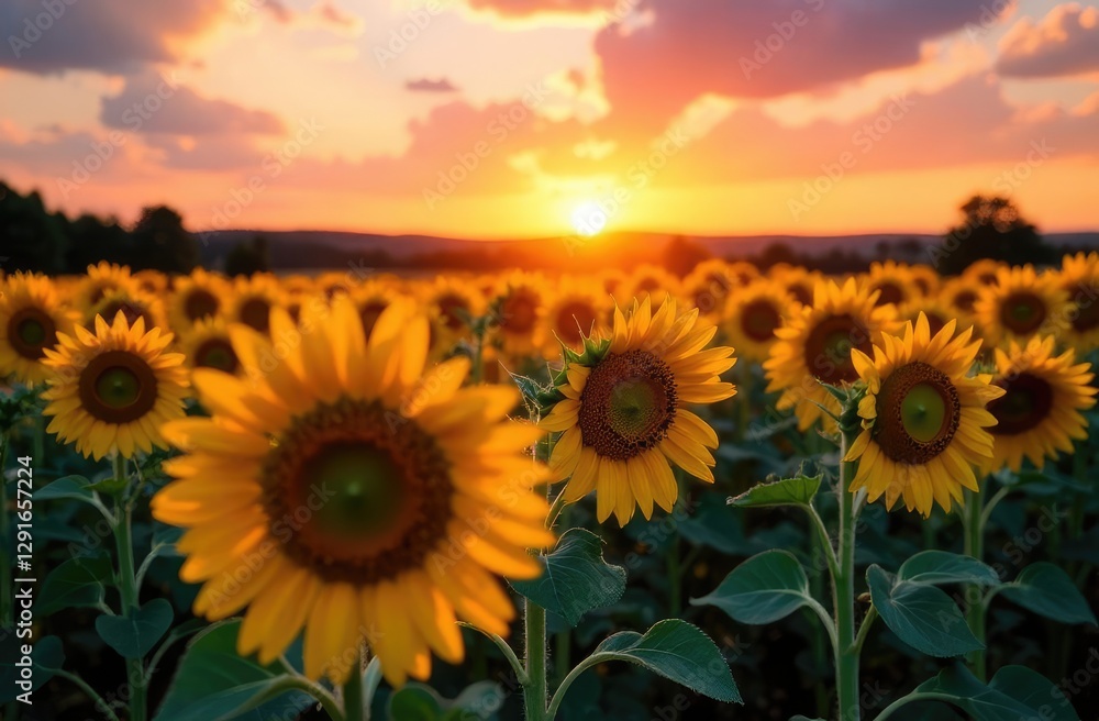 Fototapeta premium Beautiful sunset over sunflowers field