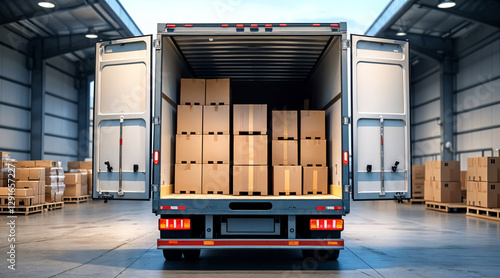 Open Delivery Truck with Stacked Cardboard Boxes in a Warehouse Loading Dock photo