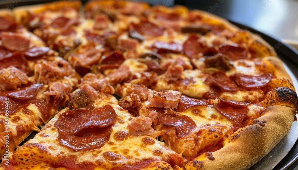 Delicious pepperoni and ham pizza on a tray Delicious pepperoni and ham pizza on a tray